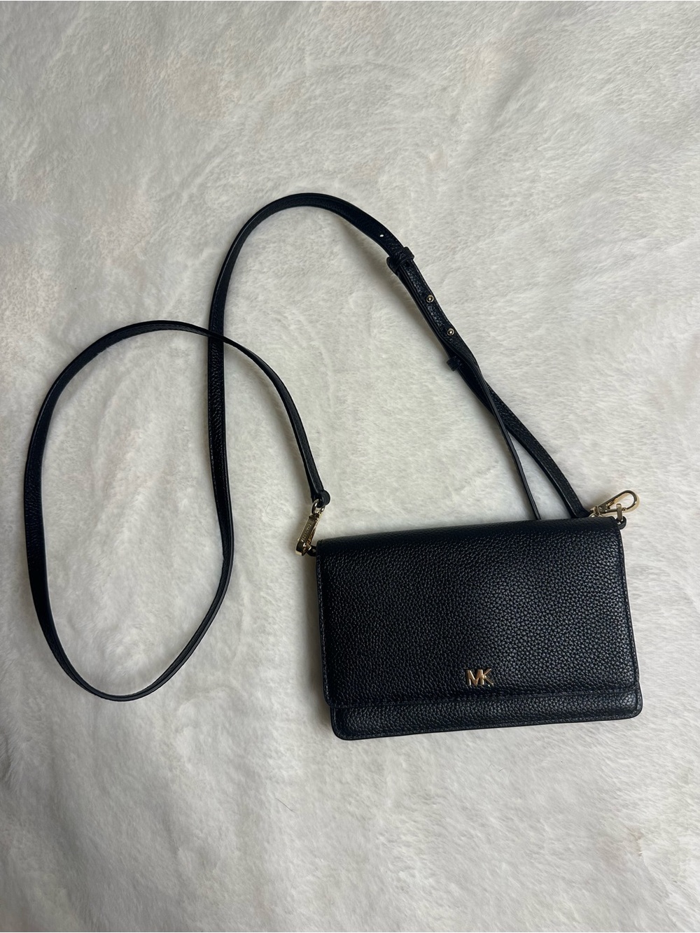 Michael Kors Black Pebbled Leather Crossbody Bag with Gold Logo